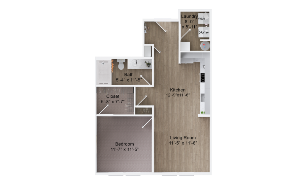 A1A - 1 bedroom floorplan layout with 1 bath and 707 square feet. (2D)