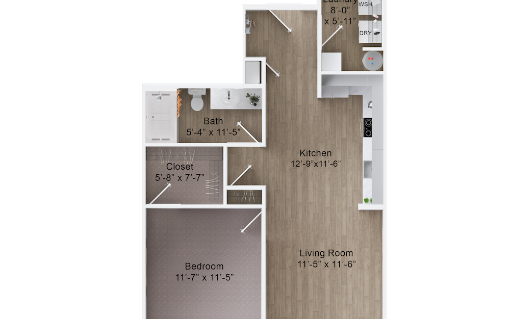 A1A - 1 bedroom floorplan layout with 1 bath and 707 square feet. (2D)