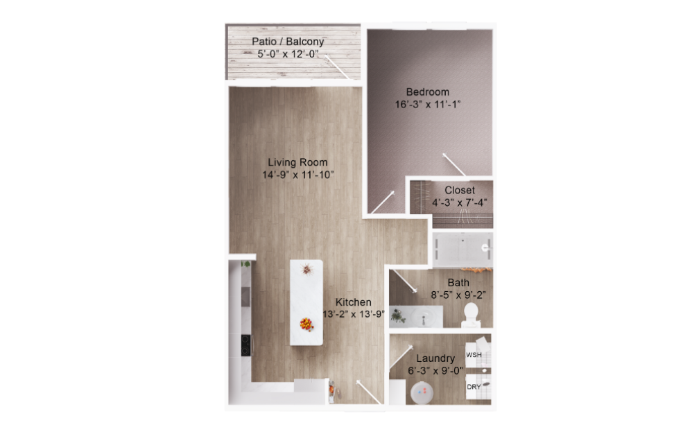 A1B - 1 bedroom floorplan layout with 1 bath and 756 square feet. (2D)