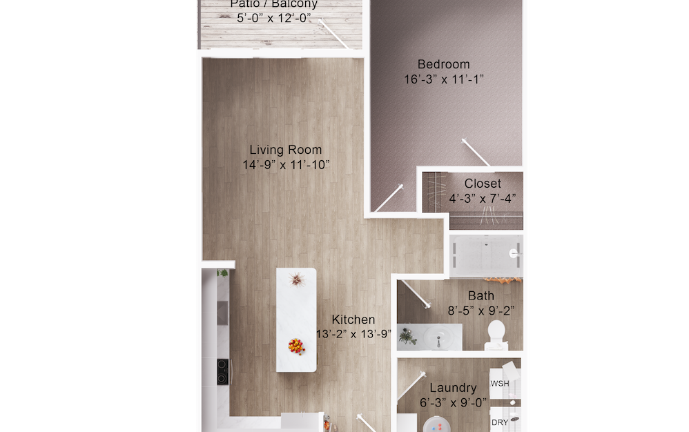 A1B - 1 bedroom floorplan layout with 1 bath and 756 square feet. (2D)