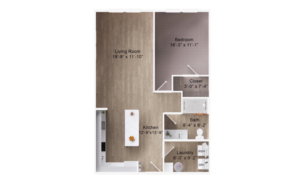 A1C - 1 bedroom floorplan layout with 1 bath and 816 square feet. (2D)