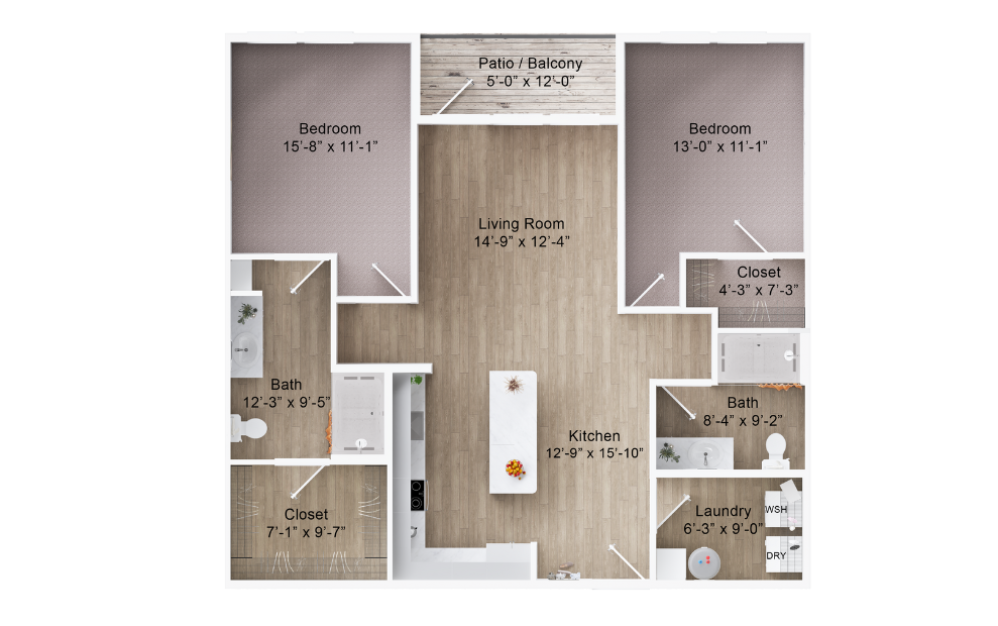 B2A - 2 bedroom floorplan layout with 2 baths and 1164 square feet. (2D)