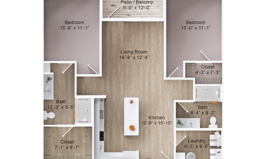 B2A - 2 bedroom floorplan layout with 2 baths and 1164 square feet. (2D)