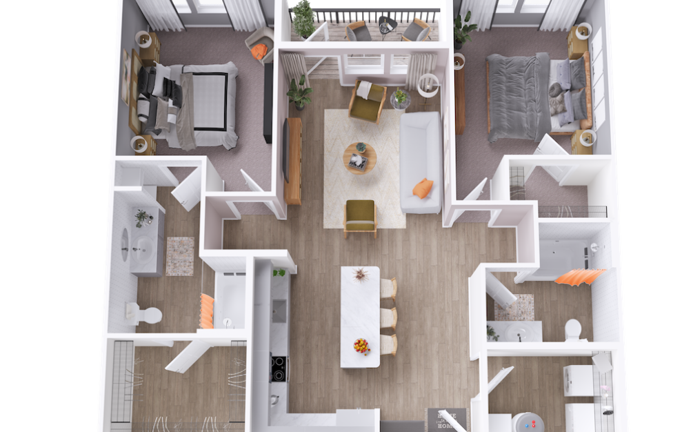 B2A - 2 bedroom floorplan layout with 2 baths and 1164 square feet. (3D)