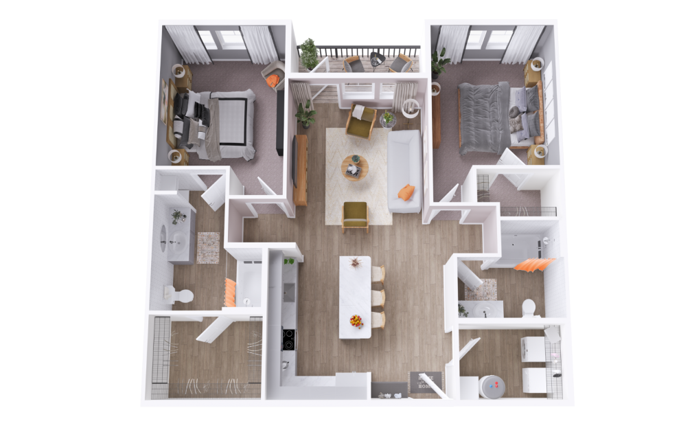 B2A - 2 bedroom floorplan layout with 2 baths and 1164 square feet. (3D)