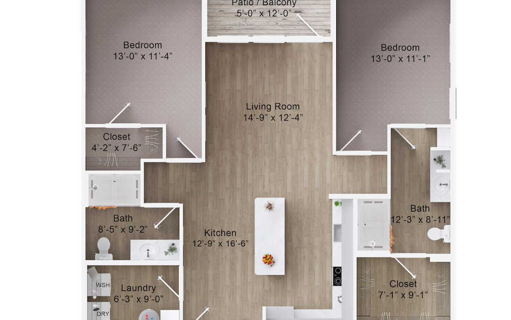 B2B - 2 bedroom floorplan layout with 2 baths and 1176 square feet. (2D)