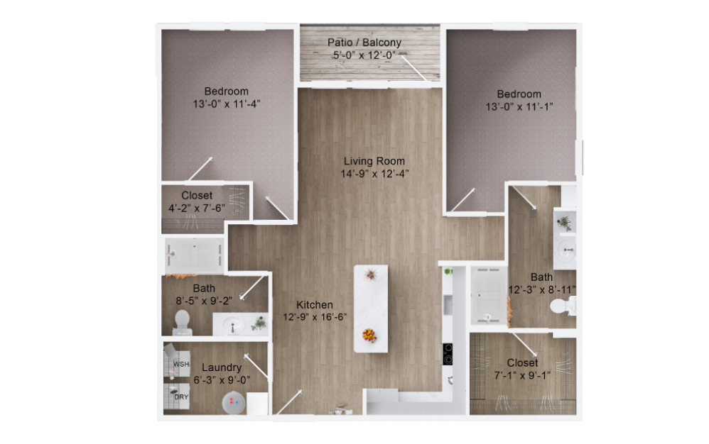 B2B - 2 bedroom floorplan layout with 2 baths and 1176 square feet. (2D)