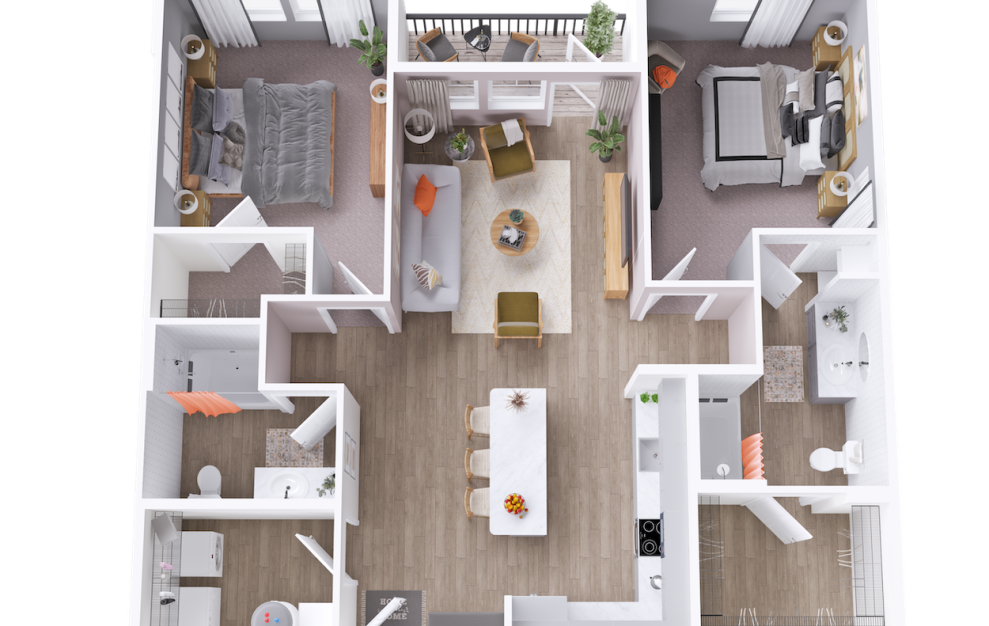 B2B - 2 bedroom floorplan layout with 2 baths and 1176 square feet. (3D)