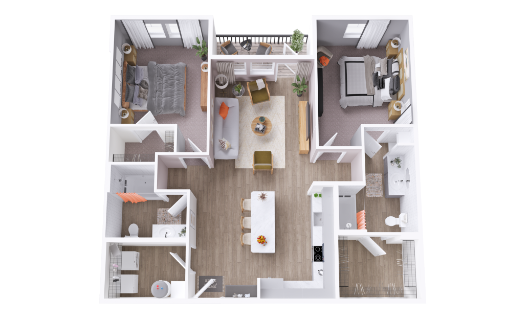 B2B - 2 bedroom floorplan layout with 2 baths and 1176 square feet. (3D)