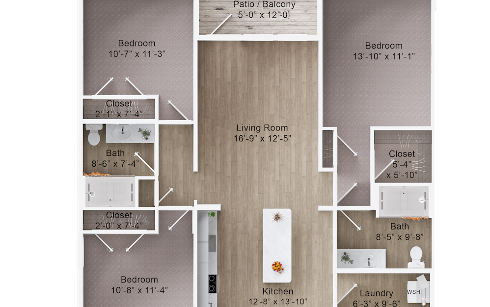 C2A - 3 bedroom floorplan layout with 2 baths and 1248 square feet. (2D)