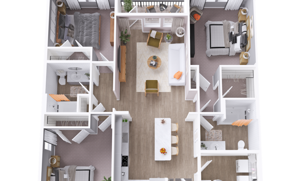 C2A - 3 bedroom floorplan layout with 2 baths and 1248 square feet. (3D)