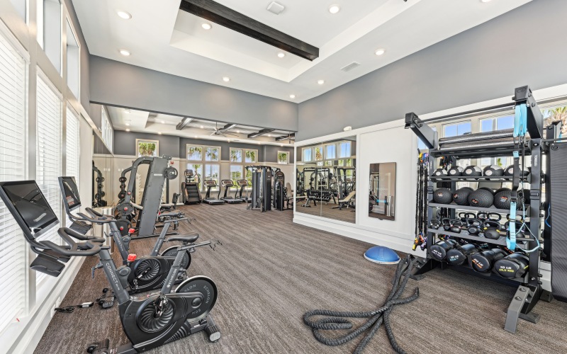 FItness center with spin bikes and free weights