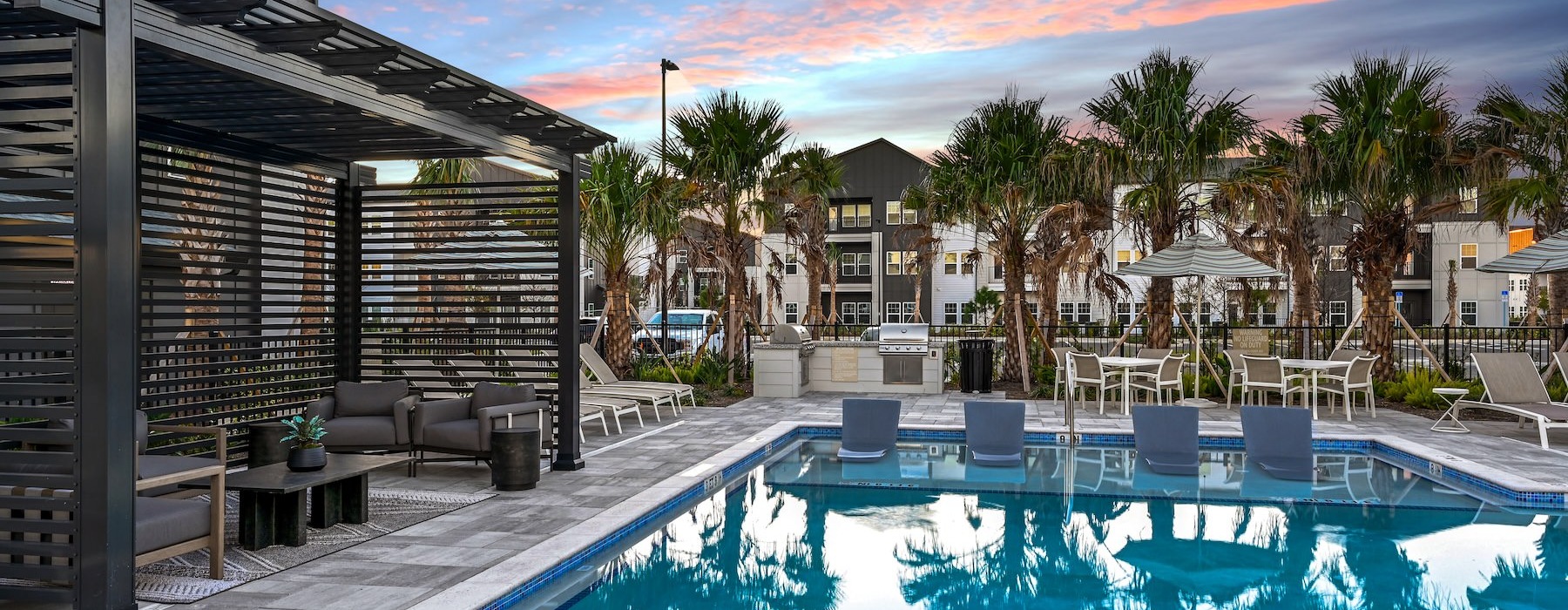 Pool deck and cabana dusk
