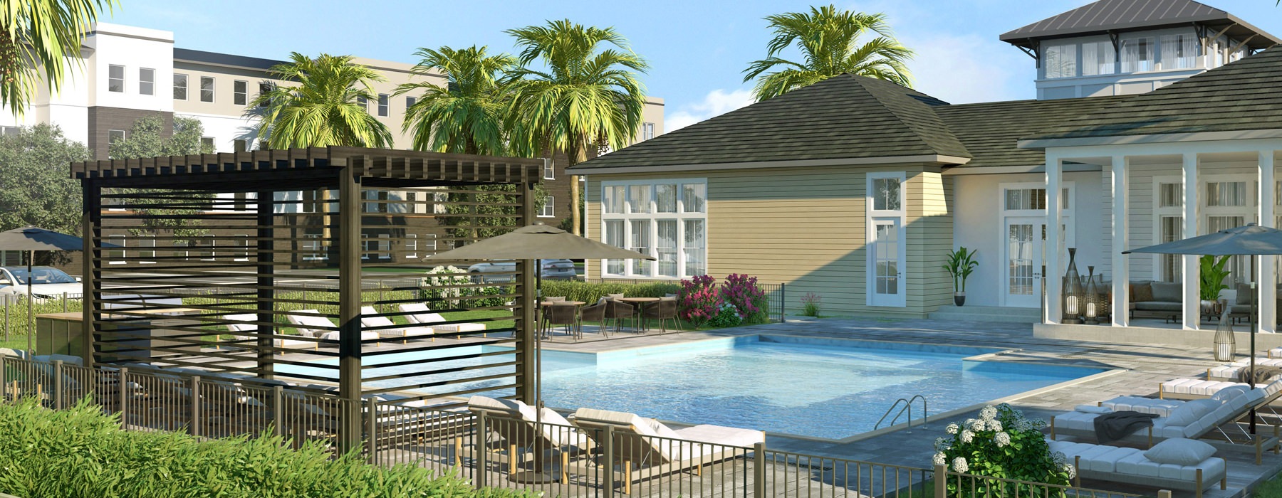 Resort-style swimming pool with lounge seating